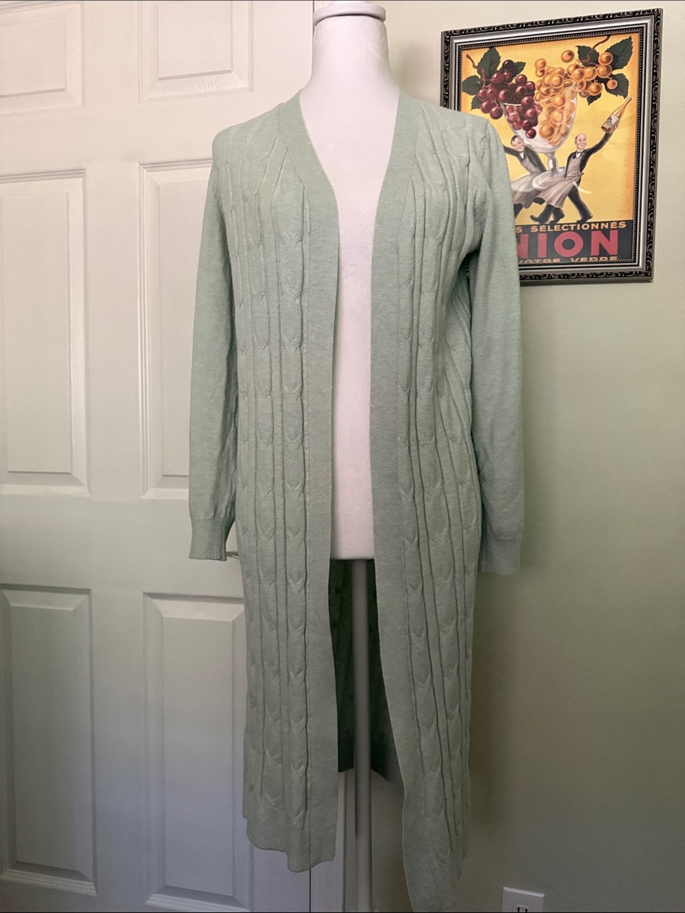 T Tahari Sage Green Cable-Knit Long Open Cardigan